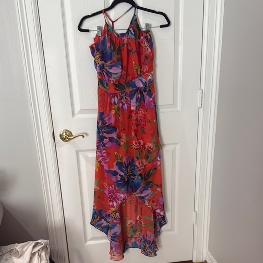 Floral Maxi Dress - bisou bisou size 8 orange blue pink halter high low